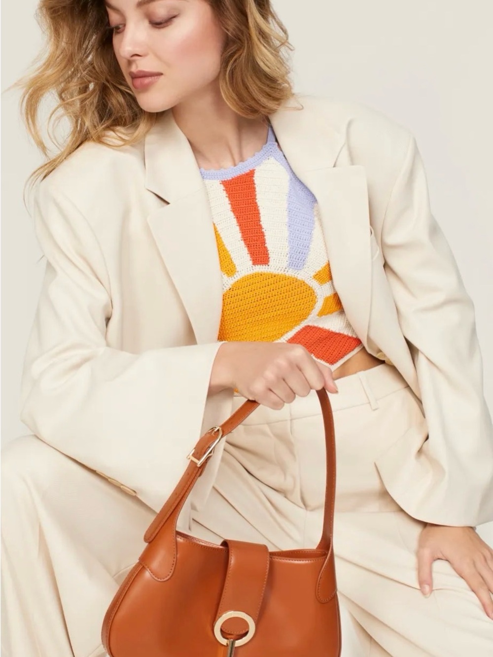 Sandro Cognac Leather Shoulder Bag with Gold Ring Detail - Picture 3 of 4